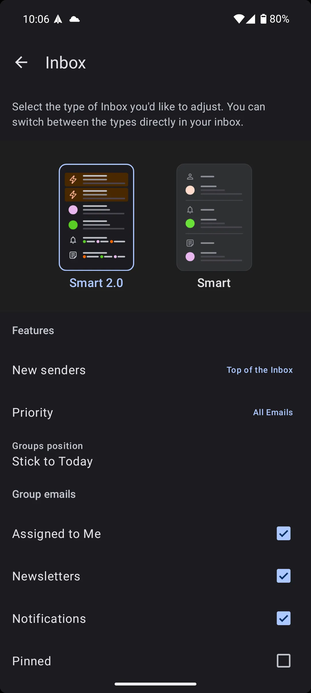 Cài đặt chế độ xem Smart 2.0 trong Spark Mail Android, cho phép tùy chỉnh các danh mục email để tối ưu sự tập trung.