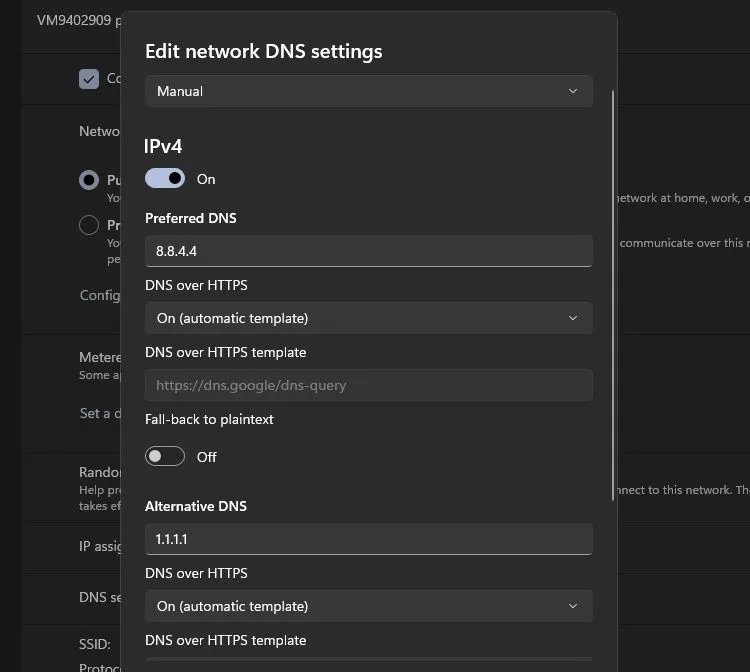 Cài đặt DNS thủ công trên Windows 11, hiển thị giao diện tùy chỉnh máy chủ DNS ưu tiên và thay thế