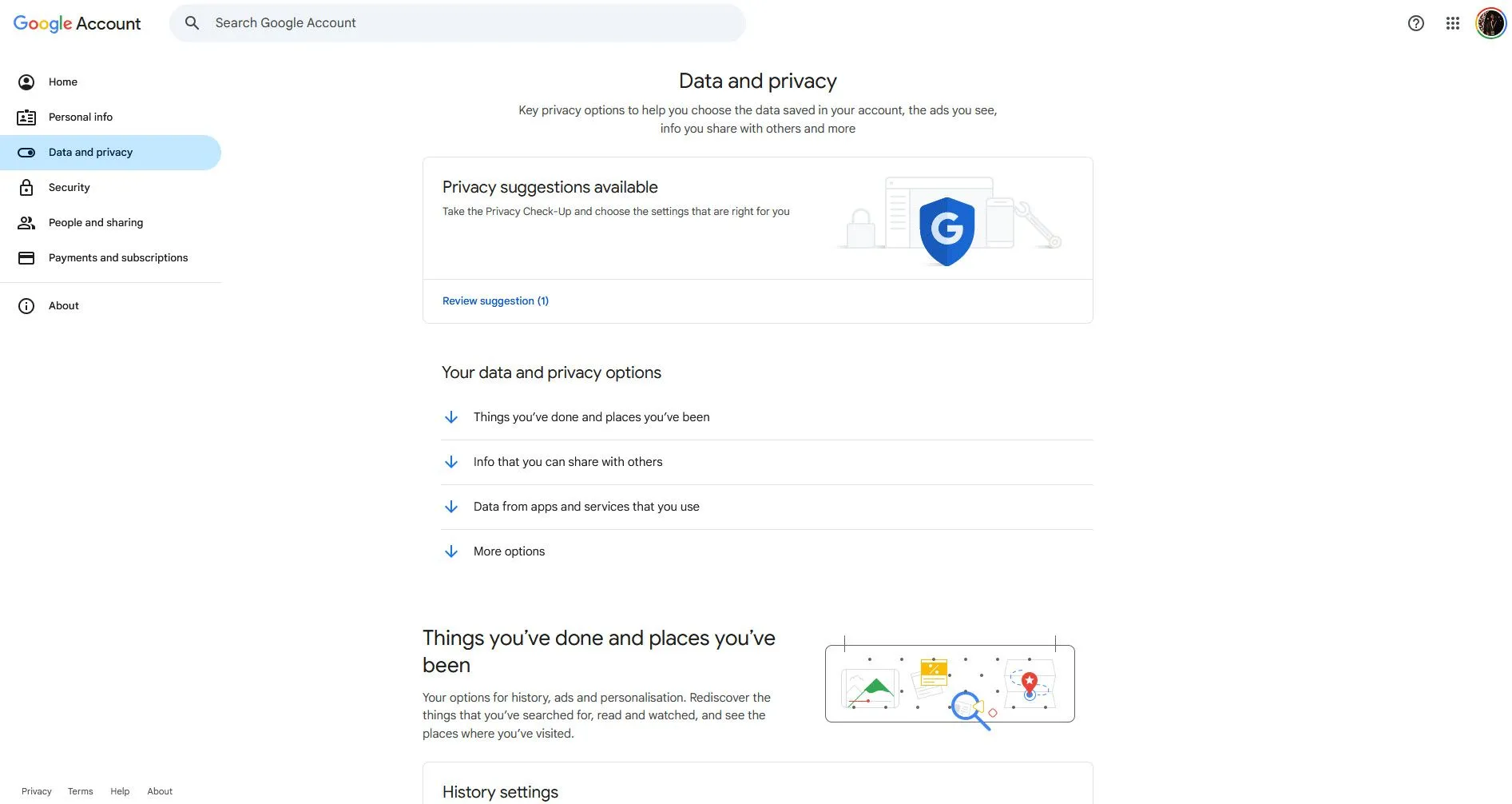 Cài đặt Dữ liệu và quyền riêng tư trong tài khoản Google