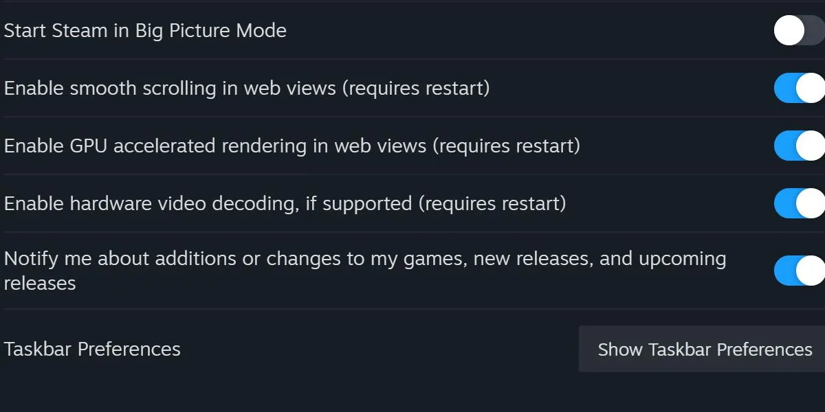 Cài đặt giao diện Steam, với tùy chọn &quot;Enable GPU accelerated rendering in web views&quot; được tắt để tối ưu hiệu suất và giảm tốn RAM.