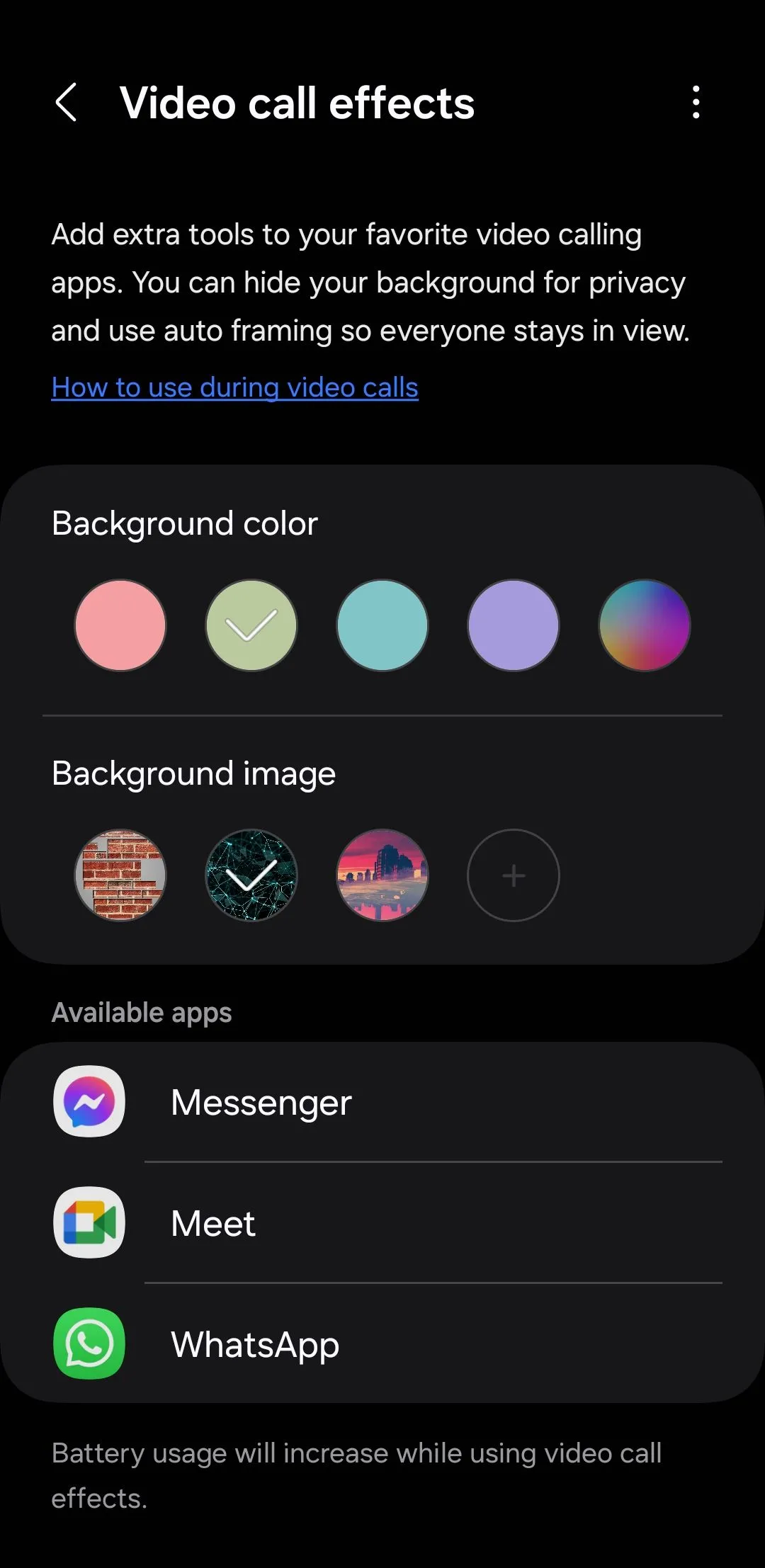 Cài đặt Hiệu ứng Cuộc gọi Video trong One UI của Samsung, cho phép thay đổi nền