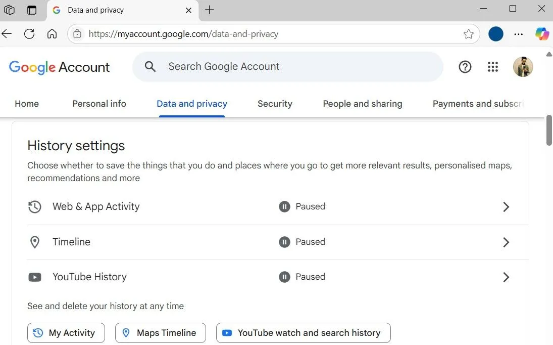 Cài đặt lịch sử tài khoản Google trong trình duyệt web