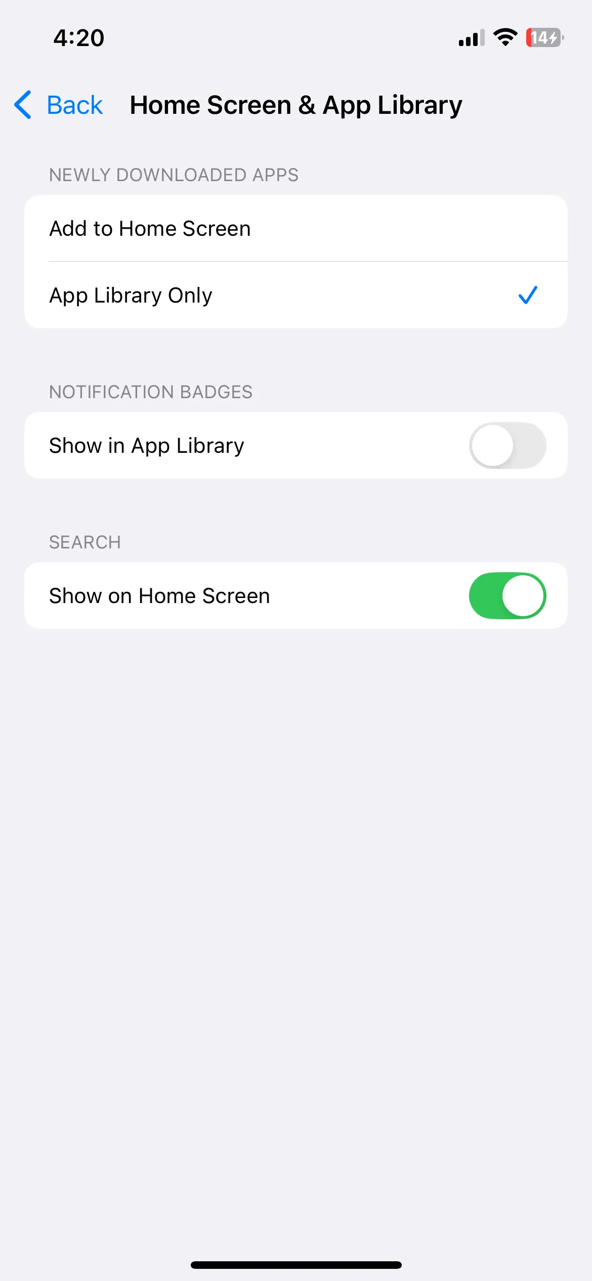 Cài đặt màn hình chính và Thư viện ứng dụng trên iPhone, với tùy chọn chỉ thêm ứng dụng mới vào Thư viện ứng dụng.