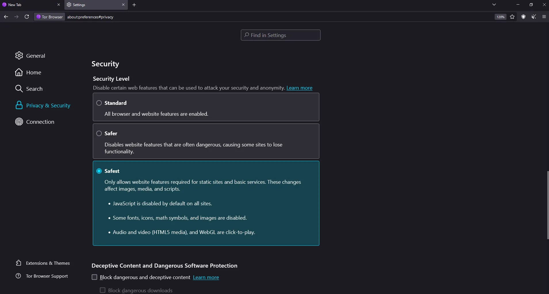 Cài đặt mức độ bảo mật cho trình duyệt Tor để tăng cường riêng tư khi truy cập Dark Web.
