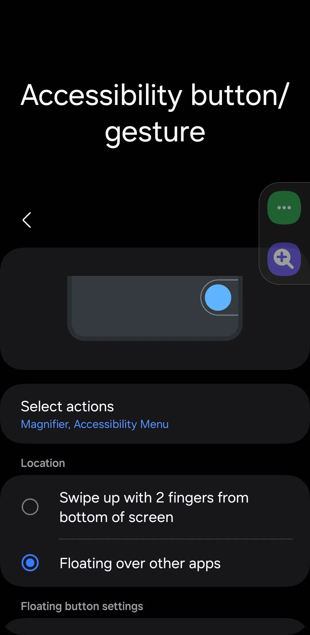 Cài đặt nút hỗ trợ tiếp cận trên Android, cho phép bật menu nổi tiện lợi.