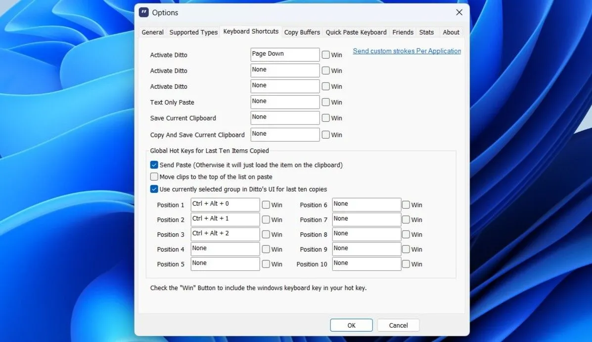 Cài đặt phím tắt tùy chỉnh trong ứng dụng Ditto clipboard, giúp tối ưu hóa quy trình làm việc