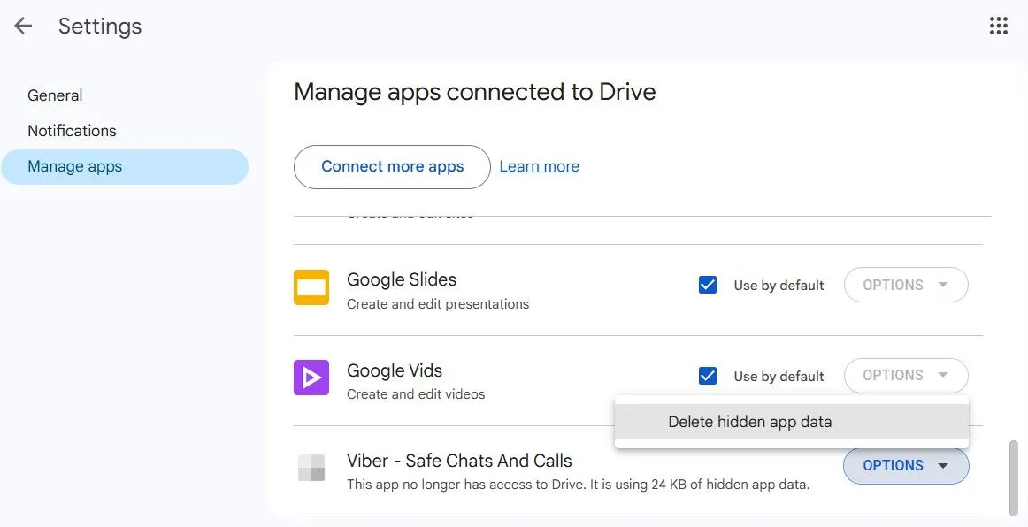 Cài đặt Quản lý ứng dụng trong Google Drive với tùy chọn xóa dữ liệu ứng dụng ẩn