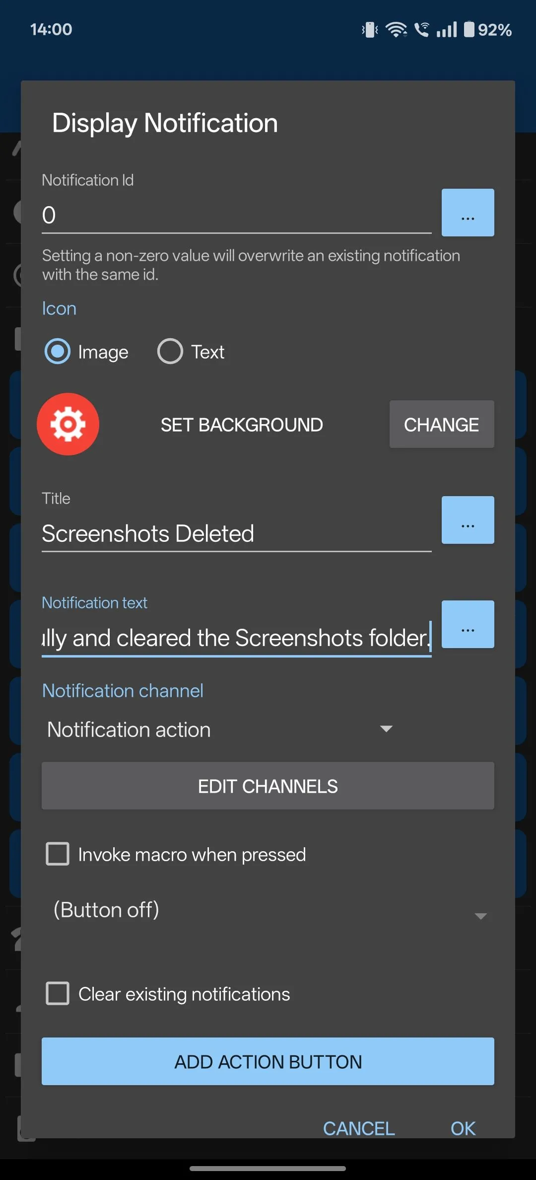 Cài đặt tác vụ 'Display Notification' trong MacroDroid, bao gồm tiêu đề và nội dung thông báo cho việc xóa ảnh.