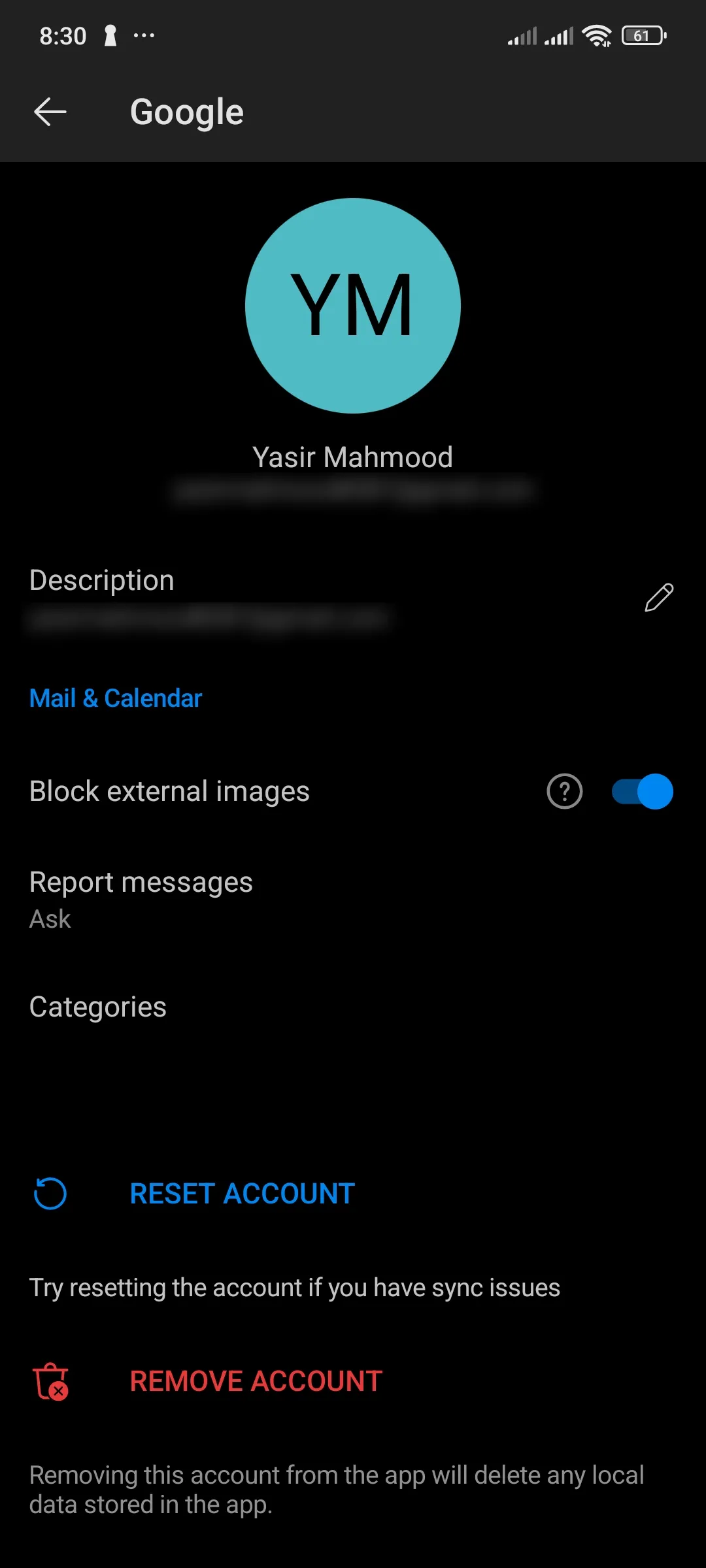 Cài đặt tài khoản Outlook trên Android với tính năng &quot;Chặn hình ảnh bên ngoài&quot; được kích hoạt để ngăn pixel theo dõi.