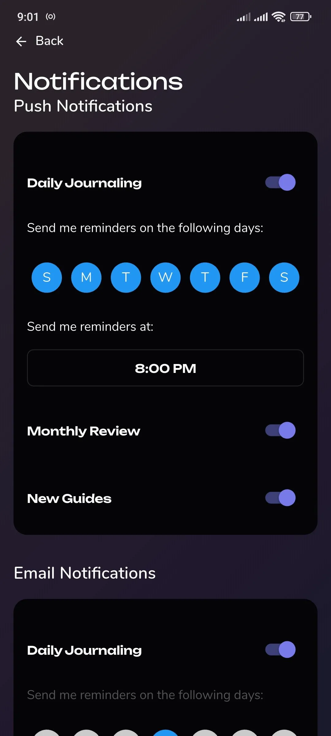Cài đặt thông báo của Reflection.app, cho thấy các tùy chọn tùy chỉnh nhắc nhở ghi nhật ký hàng ngày.