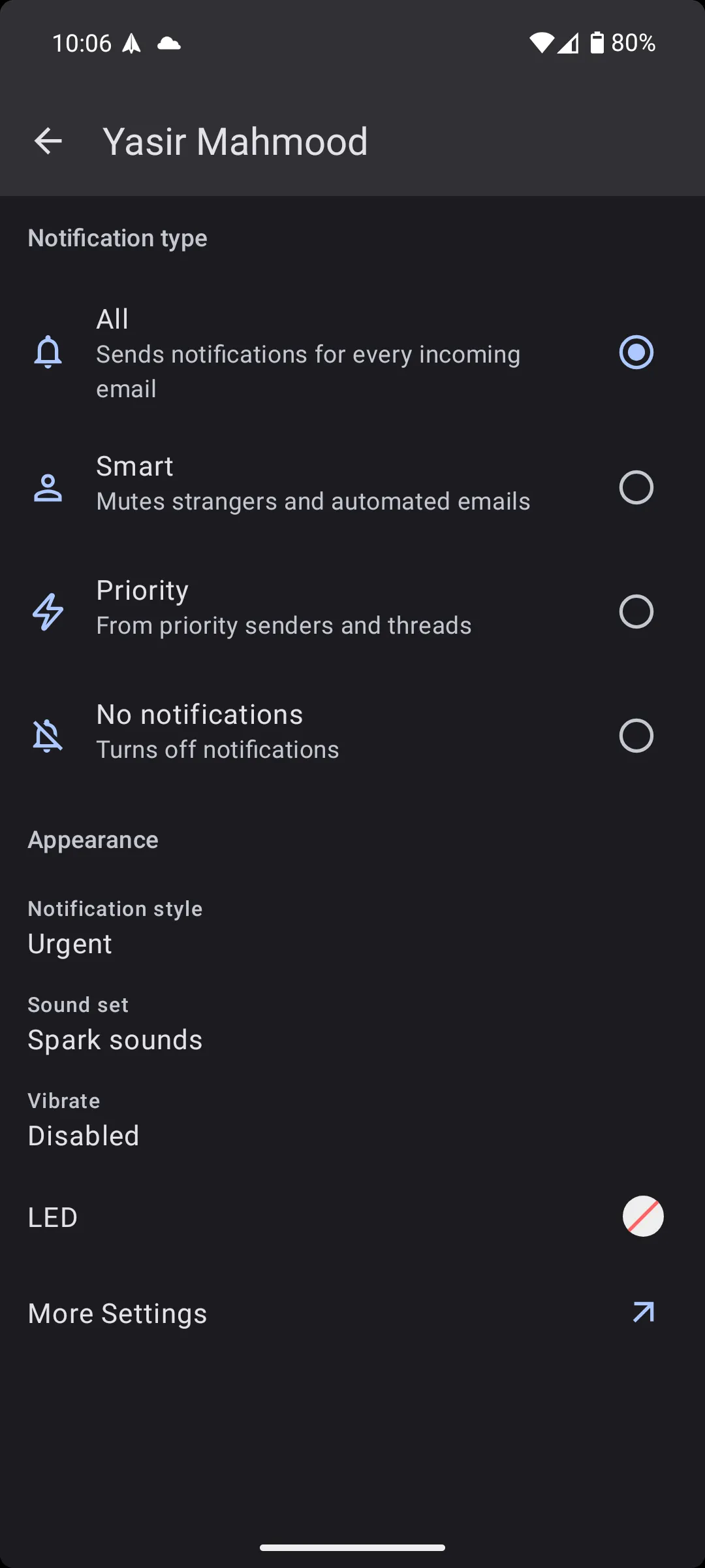 Cài đặt thông báo thông minh trong ứng dụng Spark Mail Android, giúp người dùng chỉ nhận cảnh báo cho email quan trọng.