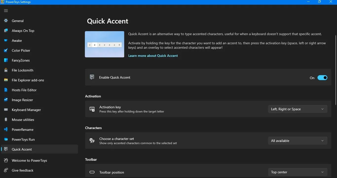Cài đặt tính năng Quick Accent trong PowerToys cho phép tùy chỉnh ngôn ngữ.