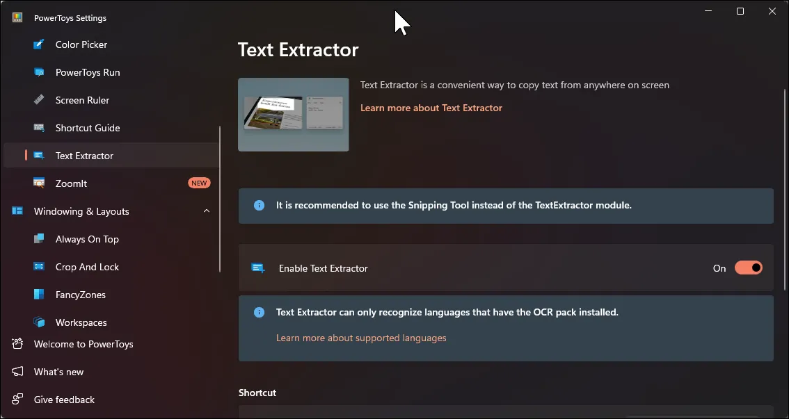 Cài đặt tính năng Text Extractor trong PowerToys.