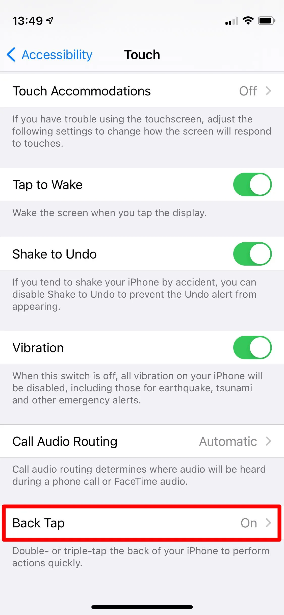 Cài đặt trợ năng cảm ứng trên iPhone, nổi bật tùy chọn Chạm vào mặt sau (Back Tap)