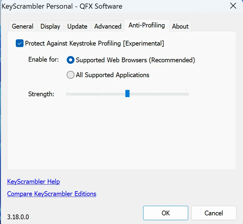 Cài đặt trong ứng dụng KeyScrambler, hiển thị các tùy chọn mã hóa keystroke.