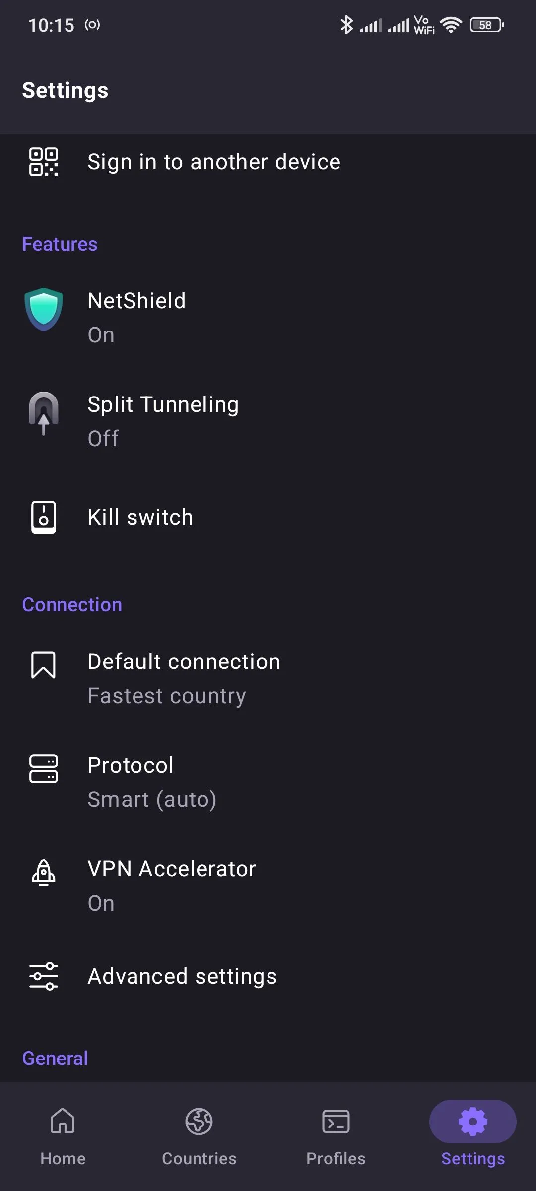 Cài đặt trong ứng dụng Proton VPN, cho phép người dùng tùy chỉnh kết nối bảo mật.
