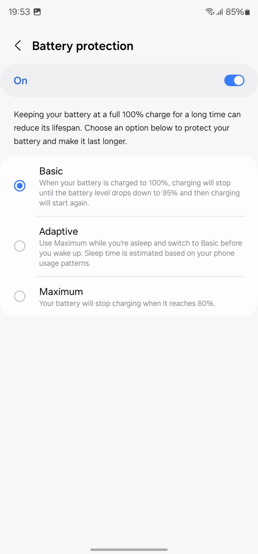 Cài đặt tùy chọn bảo vệ pin trên điện thoại Samsung Galaxy