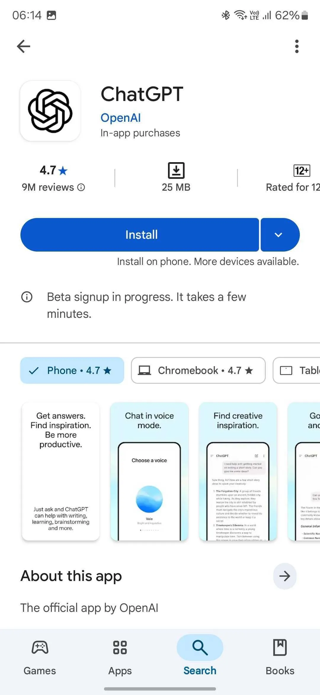 Cài đặt ứng dụng ChatGPT Beta cho Android từ Play Store