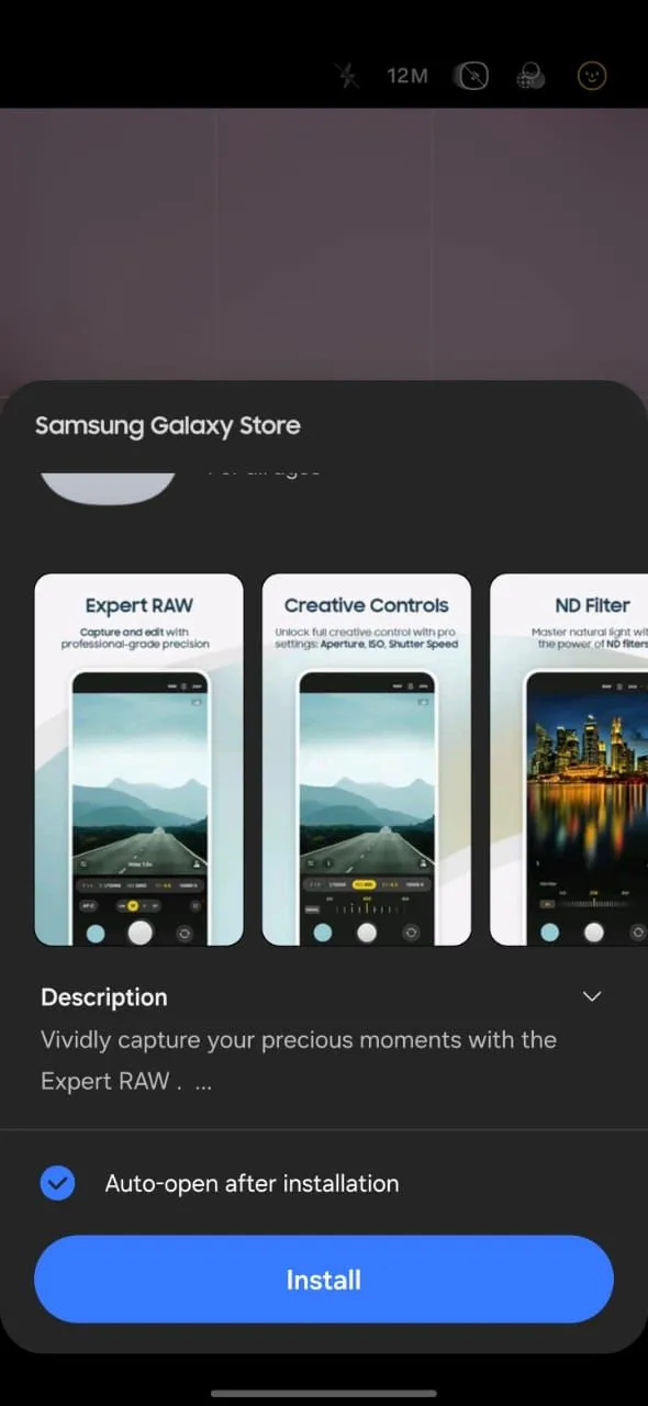 Cài đặt ứng dụng Expert RAW từ cửa hàng Galaxy Store của Samsung