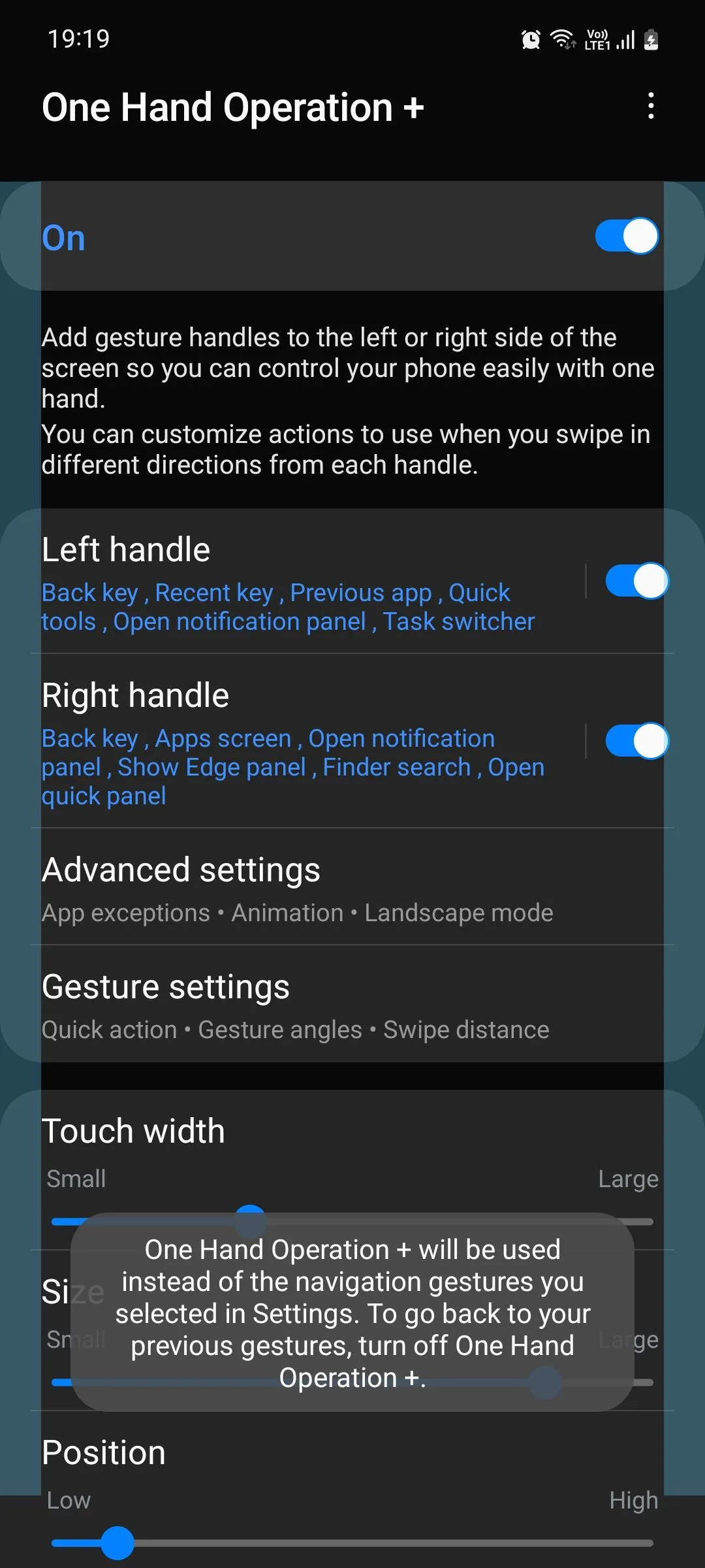 Cài đặt vị trí và kích thước tay cầm cử chỉ trong module One Hand Operation+ của Samsung Good Lock
