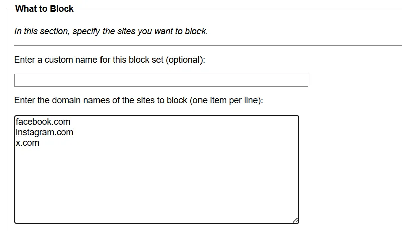 Cấu hình các tên miền website cần chặn trong mục &quot;What to Block&quot; của LeechBlock NG trên Chrome.