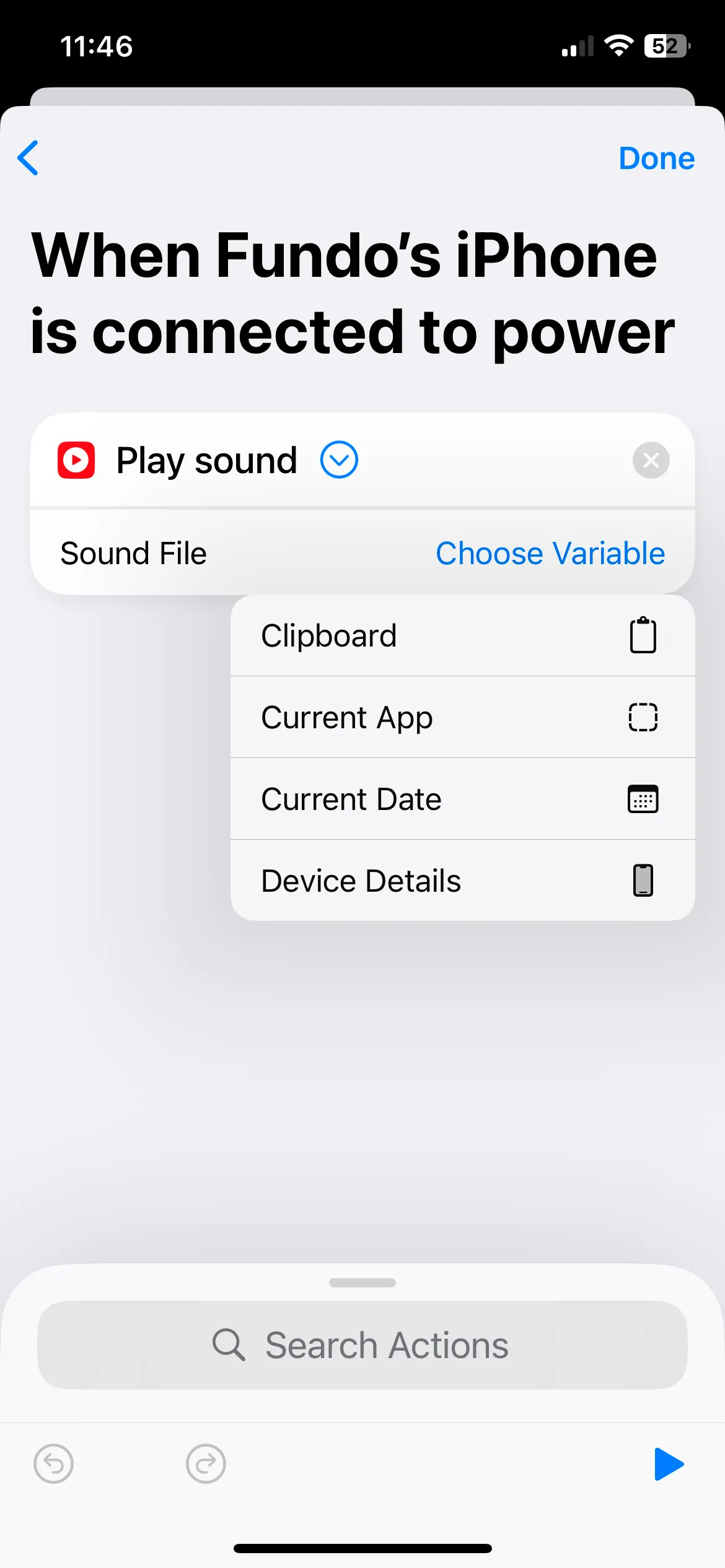 Cấu hình hành động &quot;Phát âm thanh&quot; (Play Sound) trong Phím tắt, chọn biến &quot;Bảng nhớ tạm&quot; (Clipboard) để phát đoạn âm thanh đã sao chép.