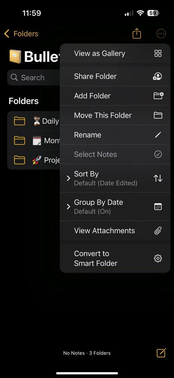 Cấu trúc thư mục trong ứng dụng Apple Notes, minh họa việc sắp xếp các ghi chú theo dự án hoặc chủ đề cụ thể cho Bullet Journal.