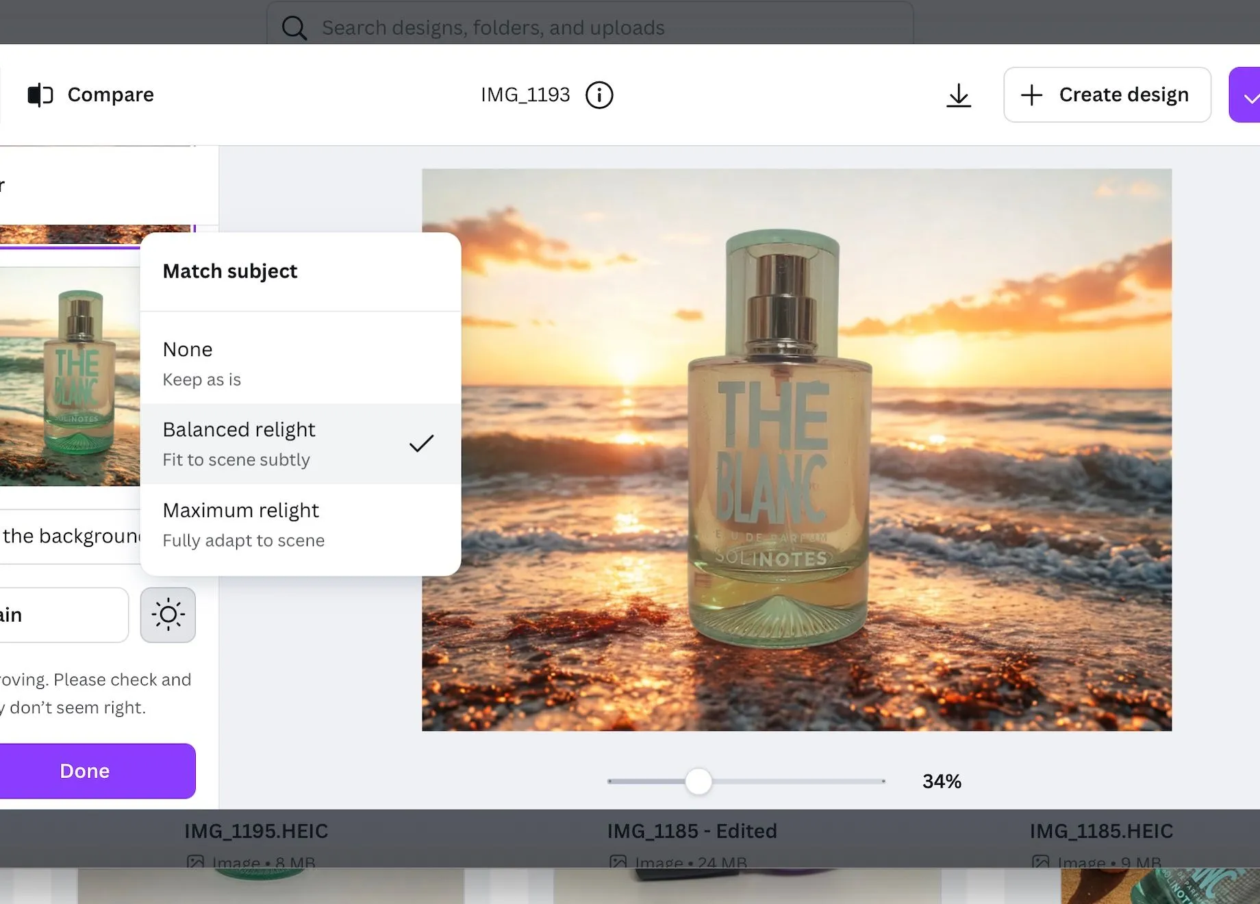 Chai nước hoa đã được Canva Relight để hòa hợp ánh sáng với nền bãi biển vàng ấm