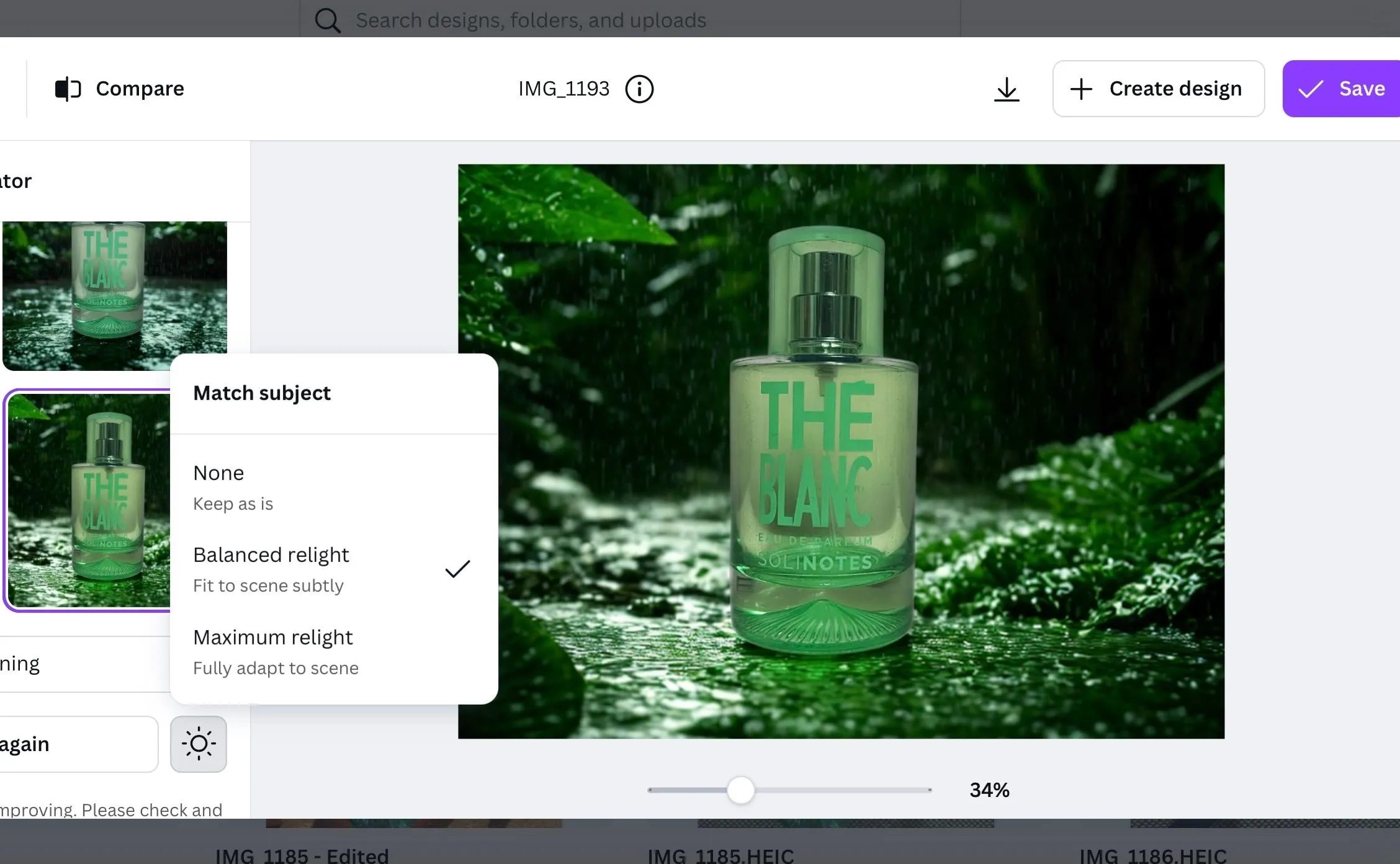Chai nước hoa được Canva Relight với tông xanh lá cây, hòa quyện vào khung cảnh rừng rậm