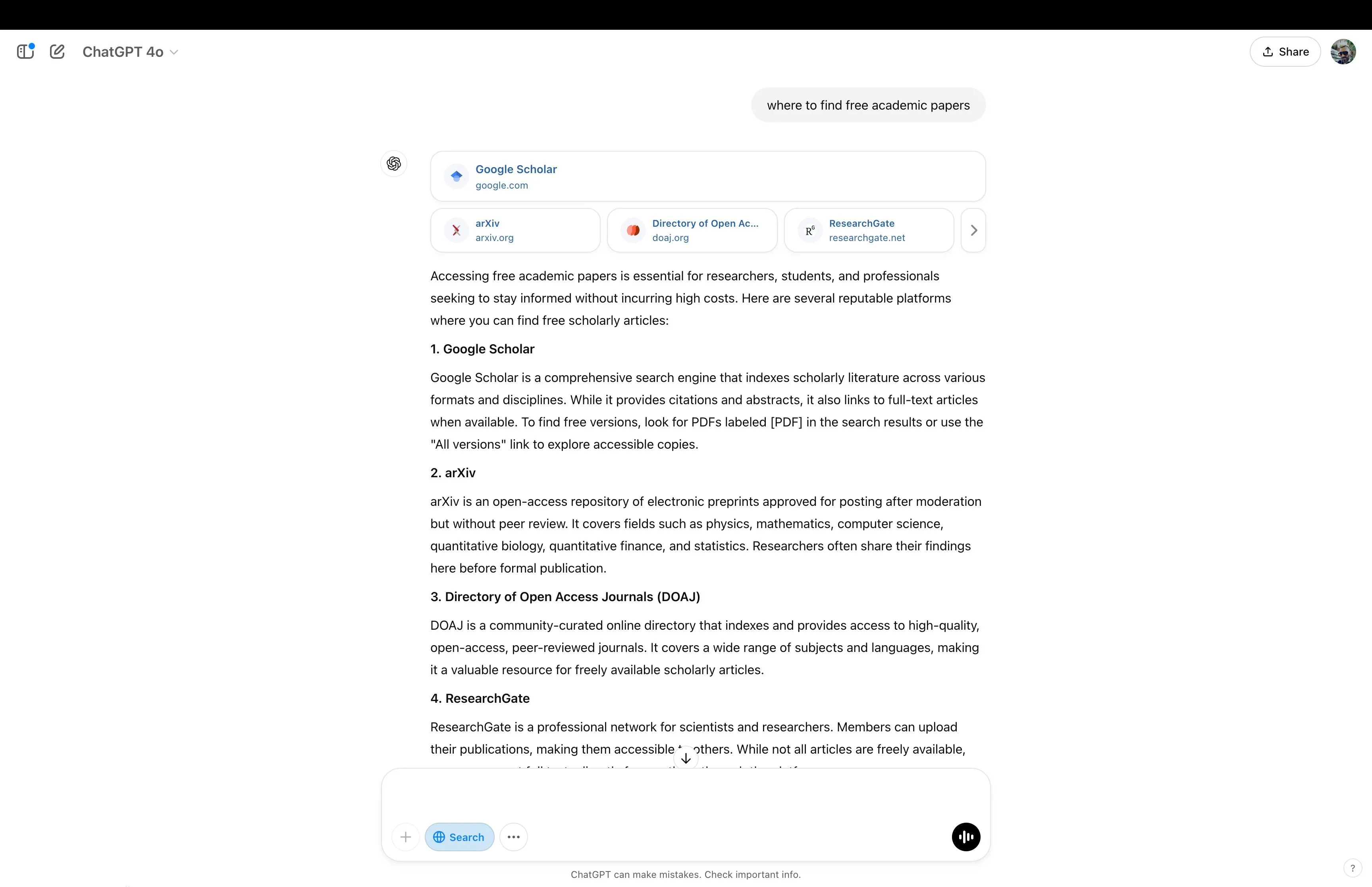 ChatGPT đưa ra gợi ý về các kho tài liệu học thuật miễn phí như Google Scholar.