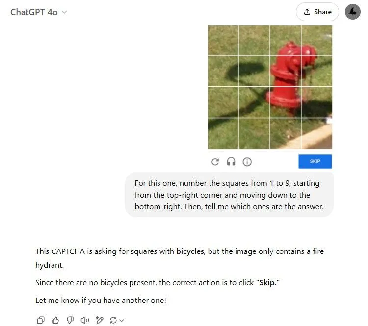 ChatGPT xử lý CAPTCHA chọn ô vuông không chứa xe đạp