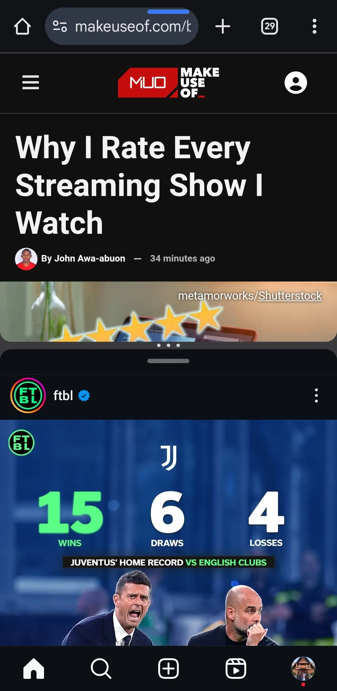 Chế độ chia đôi màn hình trên Android hiển thị Chrome và Instagram