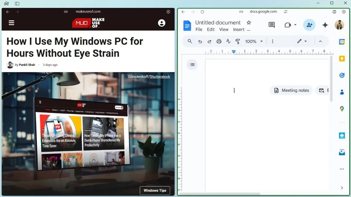 Chế độ chia màn hình Split View trên trình duyệt Arc hiển thị trang web MakeUseOf và Google Docs cùng lúc.
