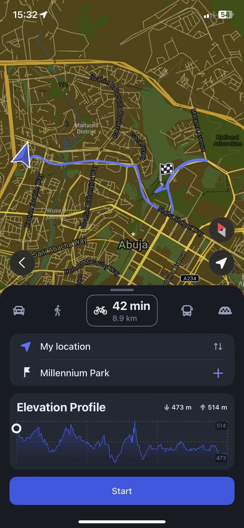 Chế độ dẫn đường cho xe đạp trên MAPS.ME, hoạt động hoàn toàn ngoại tuyến.
