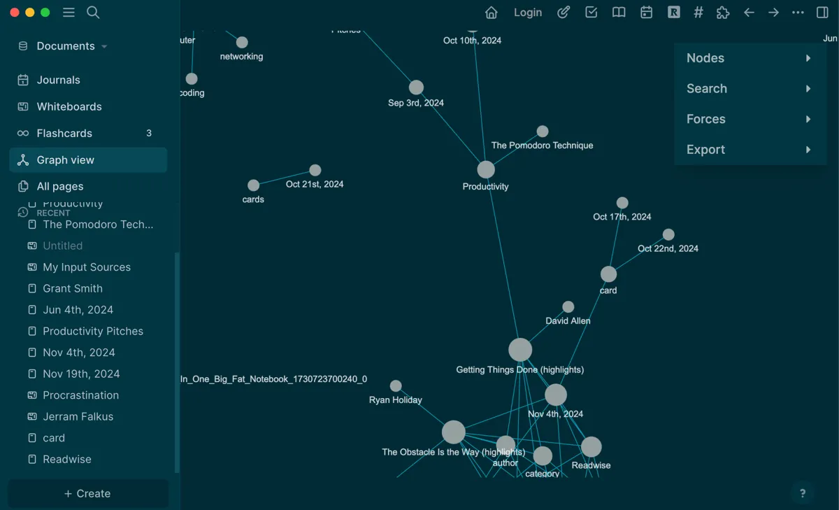 Chế độ xem đồ thị Graph View của Logseq thể hiện mạng lưới liên kết thông tin về năng suất