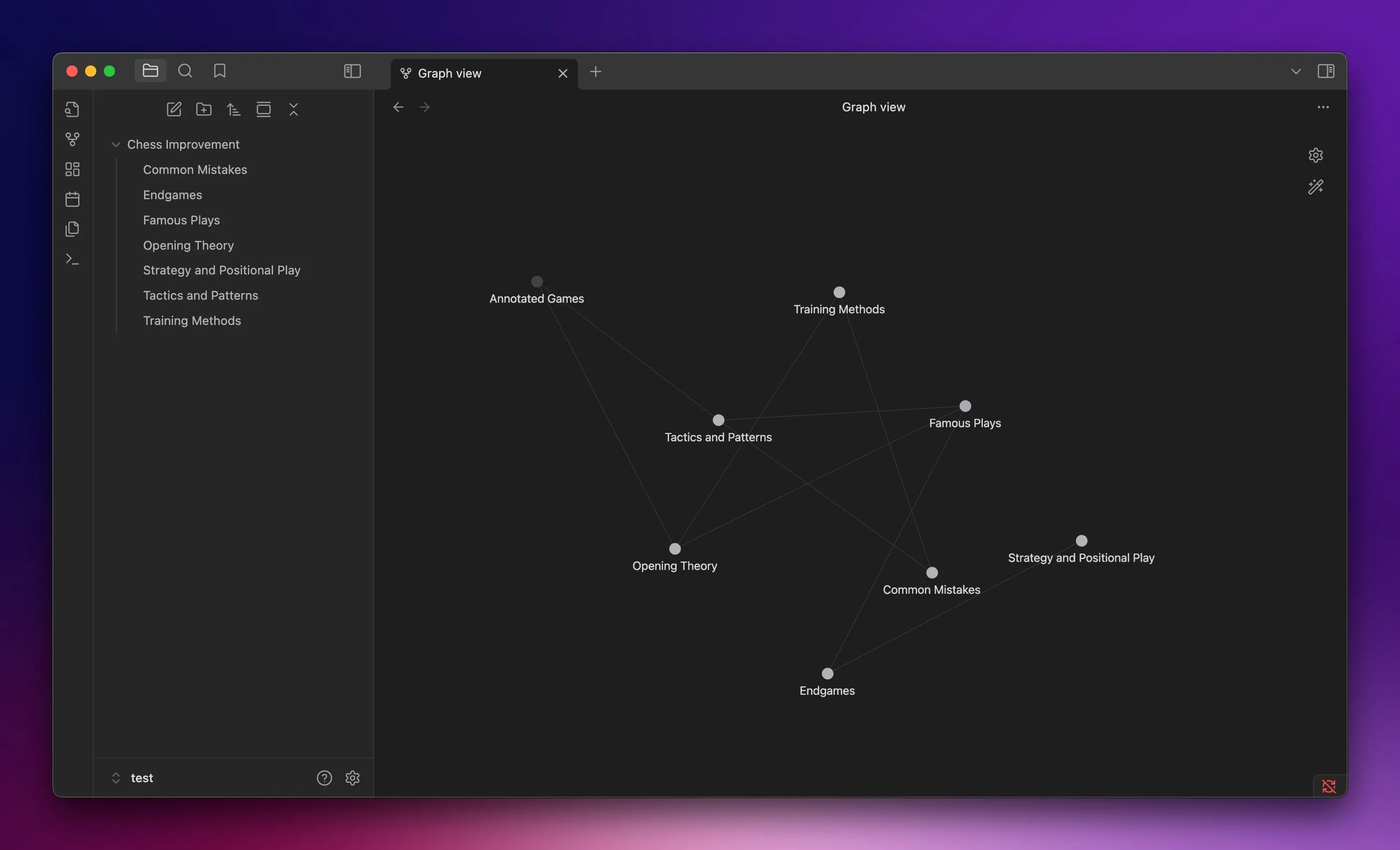 Chế độ xem đồ thị (Graph View) của một kho ghi chú trong Obsidian trên máy Mac, minh họa mối liên hệ trực quan giữa các ghi chú.