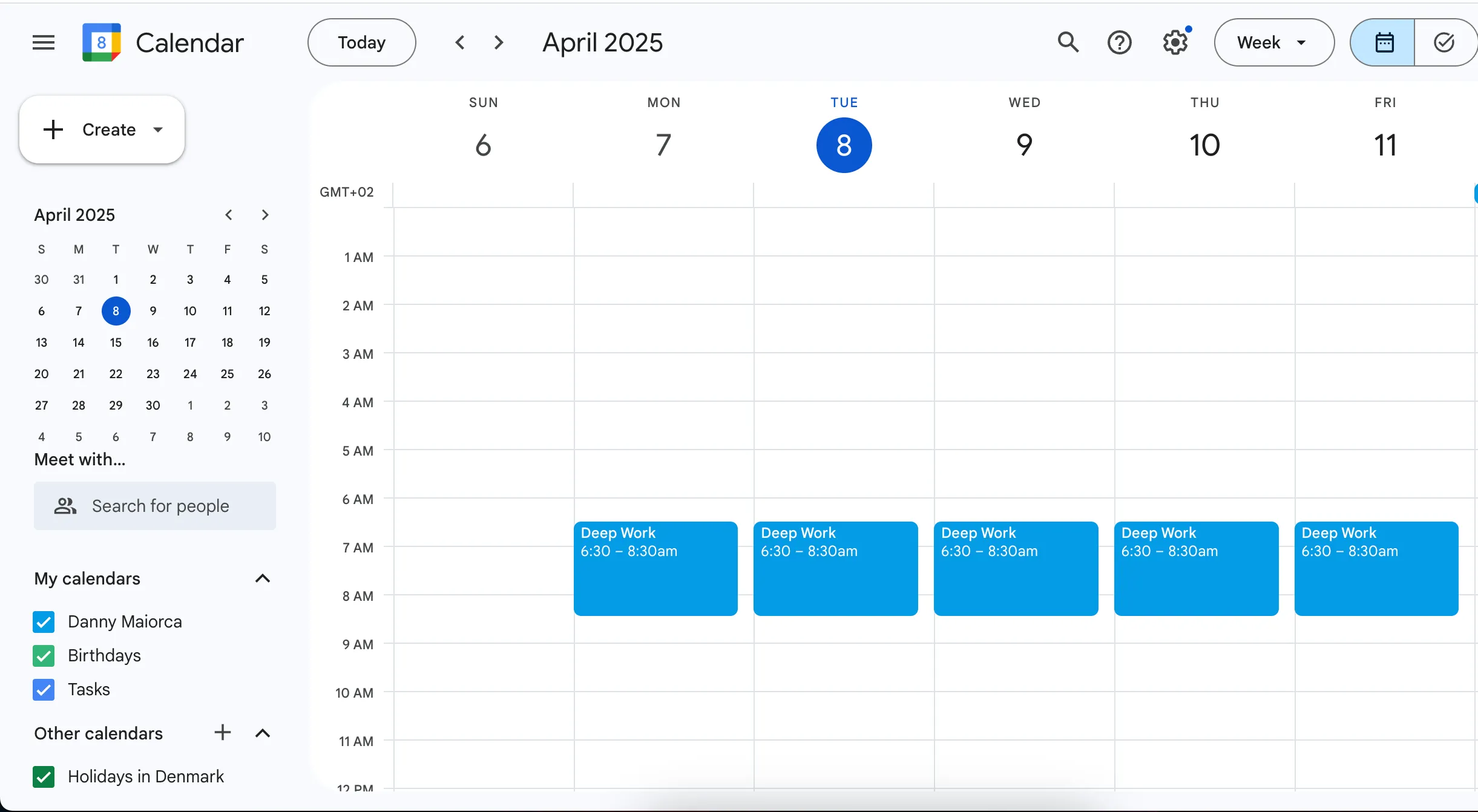 Chế độ xem lịch tuần của Google Calendar, minh họa cách time-block thời gian làm việc tập trung