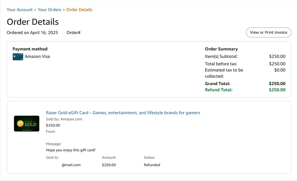Chi tiết đơn hàng thẻ quà tặng Razer Gold bị mua trái phép trên Amazon