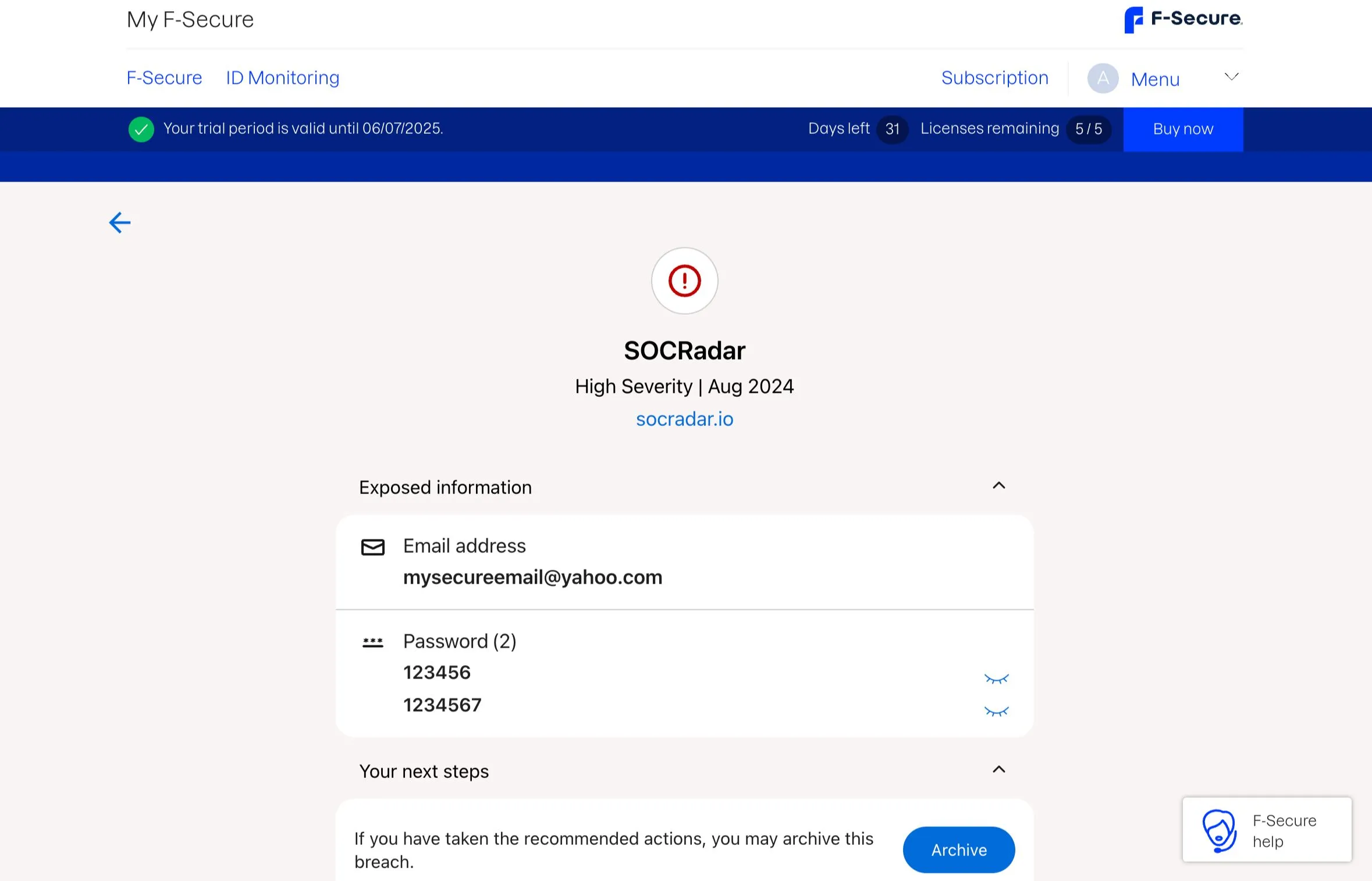 Chi tiết vụ rò rỉ dữ liệu trên F-Secure ID Protection, hiển thị thông tin bị lộ, mức độ nghiêm trọng và thời gian phát hiện. Từ khóa: chi tiết rò rỉ dữ liệu, thông tin bị đánh cắp.