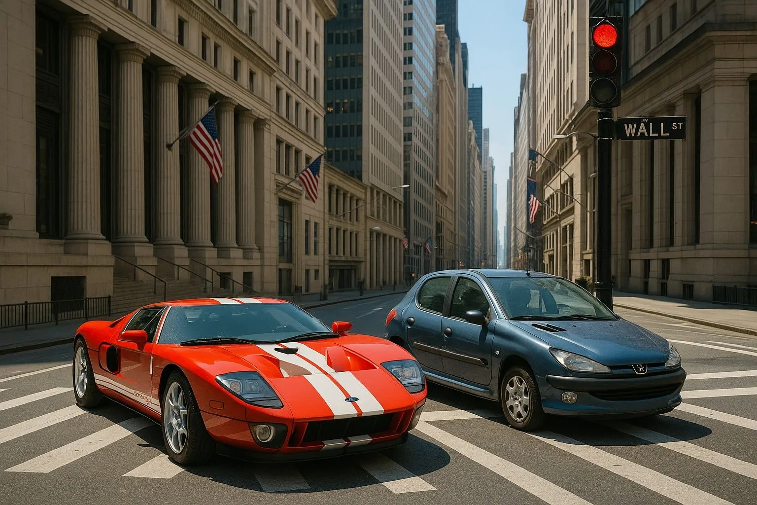 Chiếc Ford GT 2006 đang dừng ở đèn đỏ bên cạnh Peugeot 206, chân thực và chi tiết