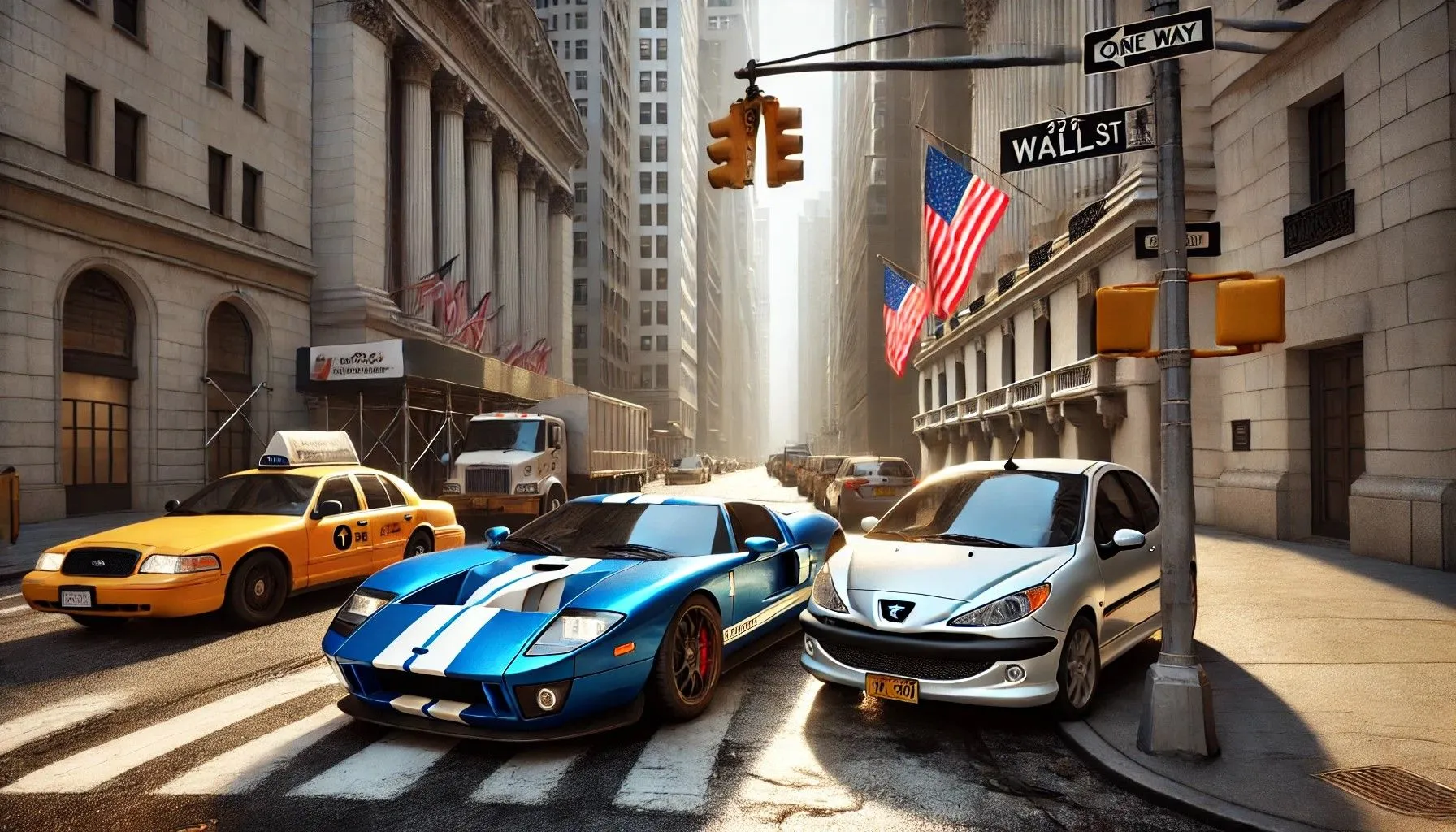 Chiếc Ford GT 2006 đang dừng ở đèn đỏ bên cạnh Peugeot 206, phong cách hoạt hình