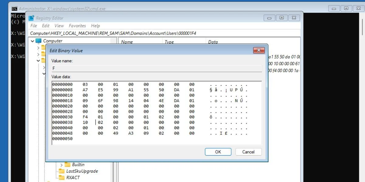 Chỉnh sửa giá trị nhị phân 'F' trong Registry Editor để kích hoạt tài khoản quản trị viên tích hợp của Windows.