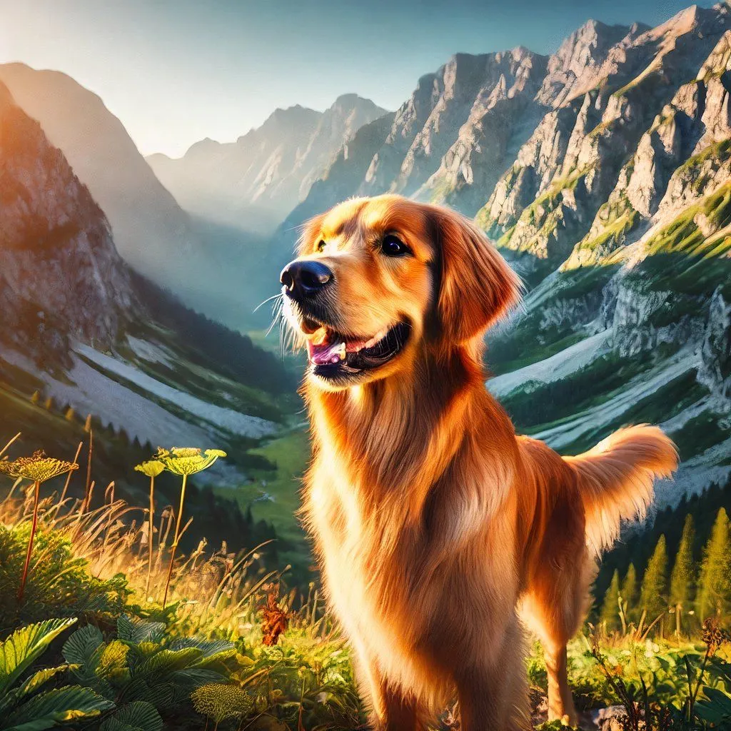 Chó Golden Retriever trong khung cảnh núi non tạo bởi DALL-E, chưa đạt độ chân thực cao