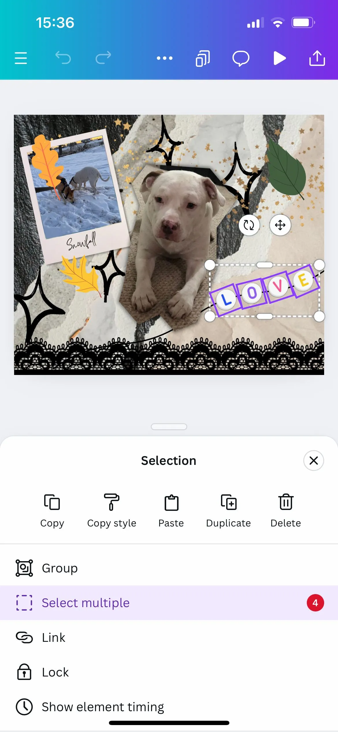 Chọn nhiều thành phần trong ứng dụng Canva bằng tùy chọn &quot;Select Multiple&quot;