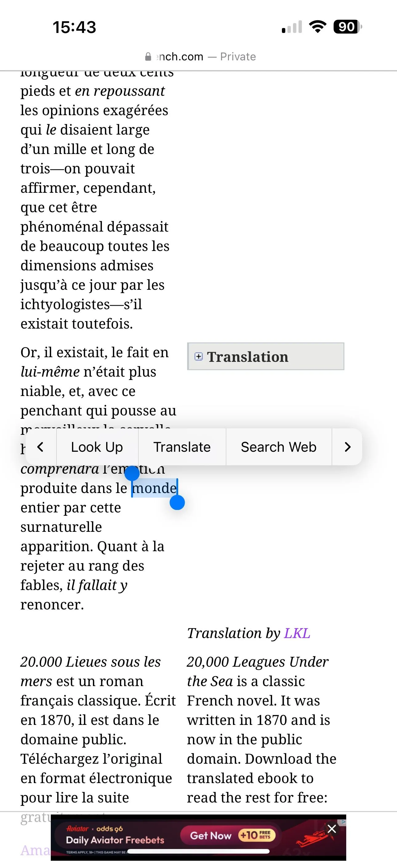 Chọn tùy chọn Tra cứu (Look Up) từ menu ngữ cảnh khi đã bôi đen một từ trên màn hình iPhone.