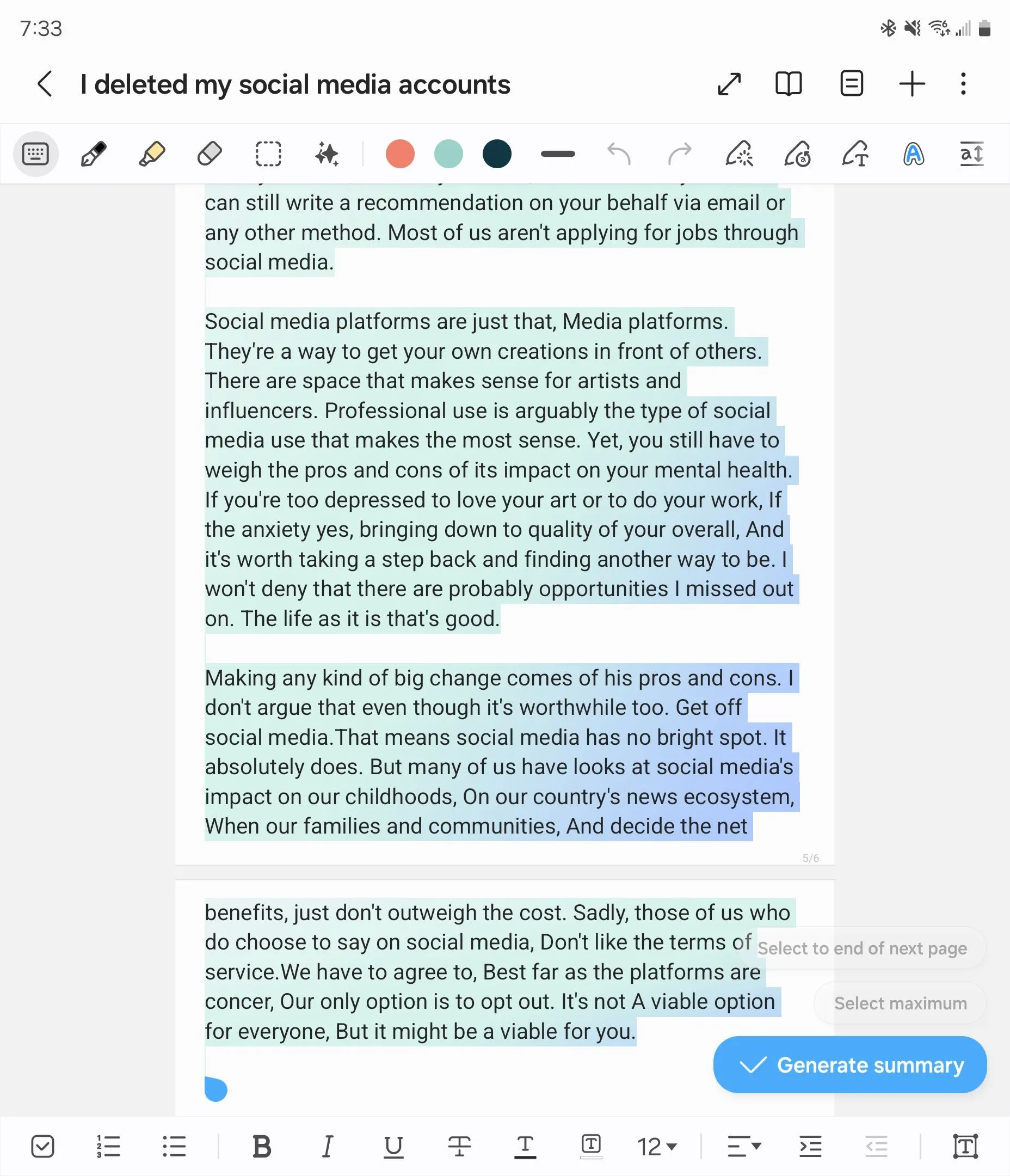 Chọn văn bản để sử dụng Trợ lý Ghi chú (Note Assist) trong Samsung Notes.
