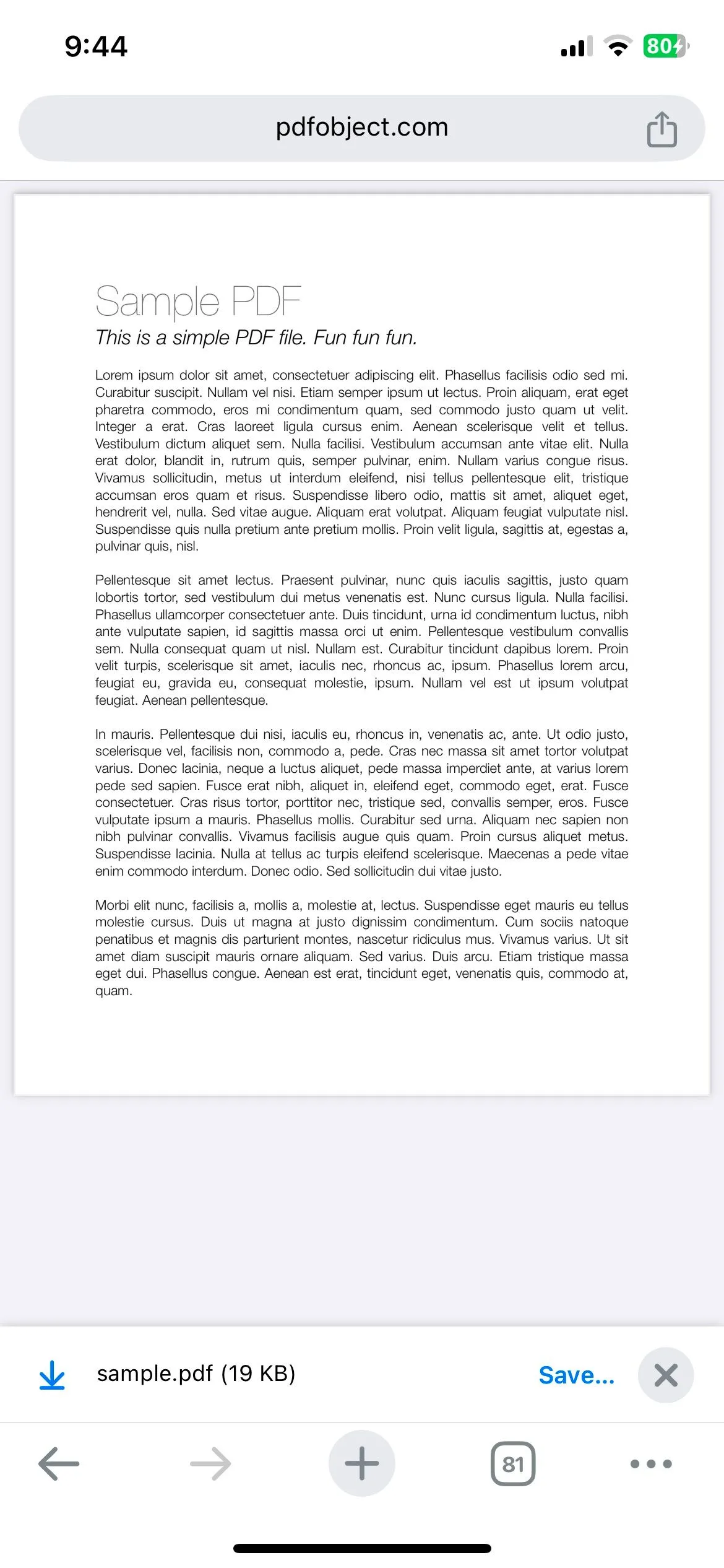 Chrome hiển thị tệp PDF mẫu trên iPhone, minh họa tính năng lưu trực tiếp vào Google Drive