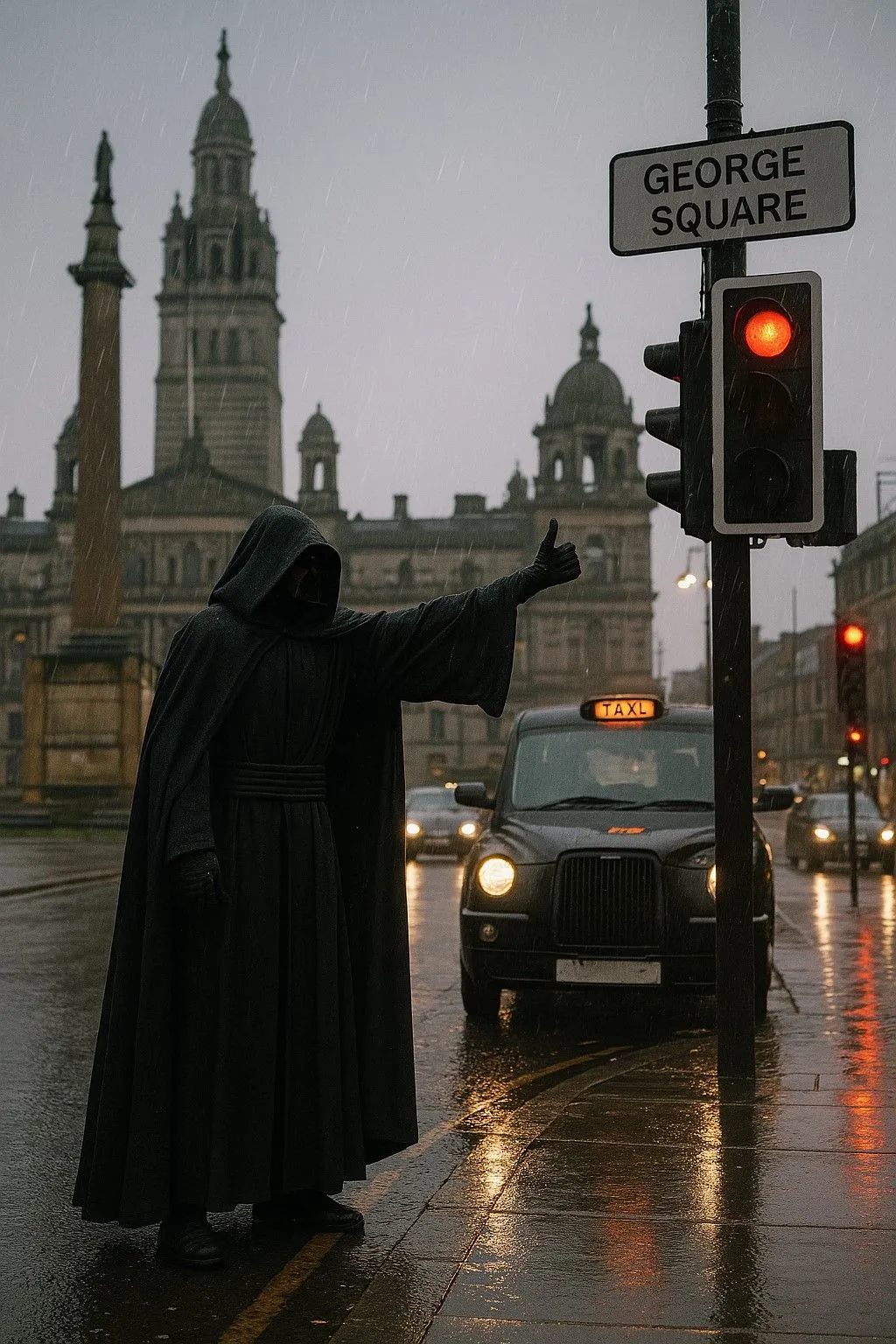 Chúa tể Sith đầy khí chất đứng gọi taxi trong mưa ở Glasgow