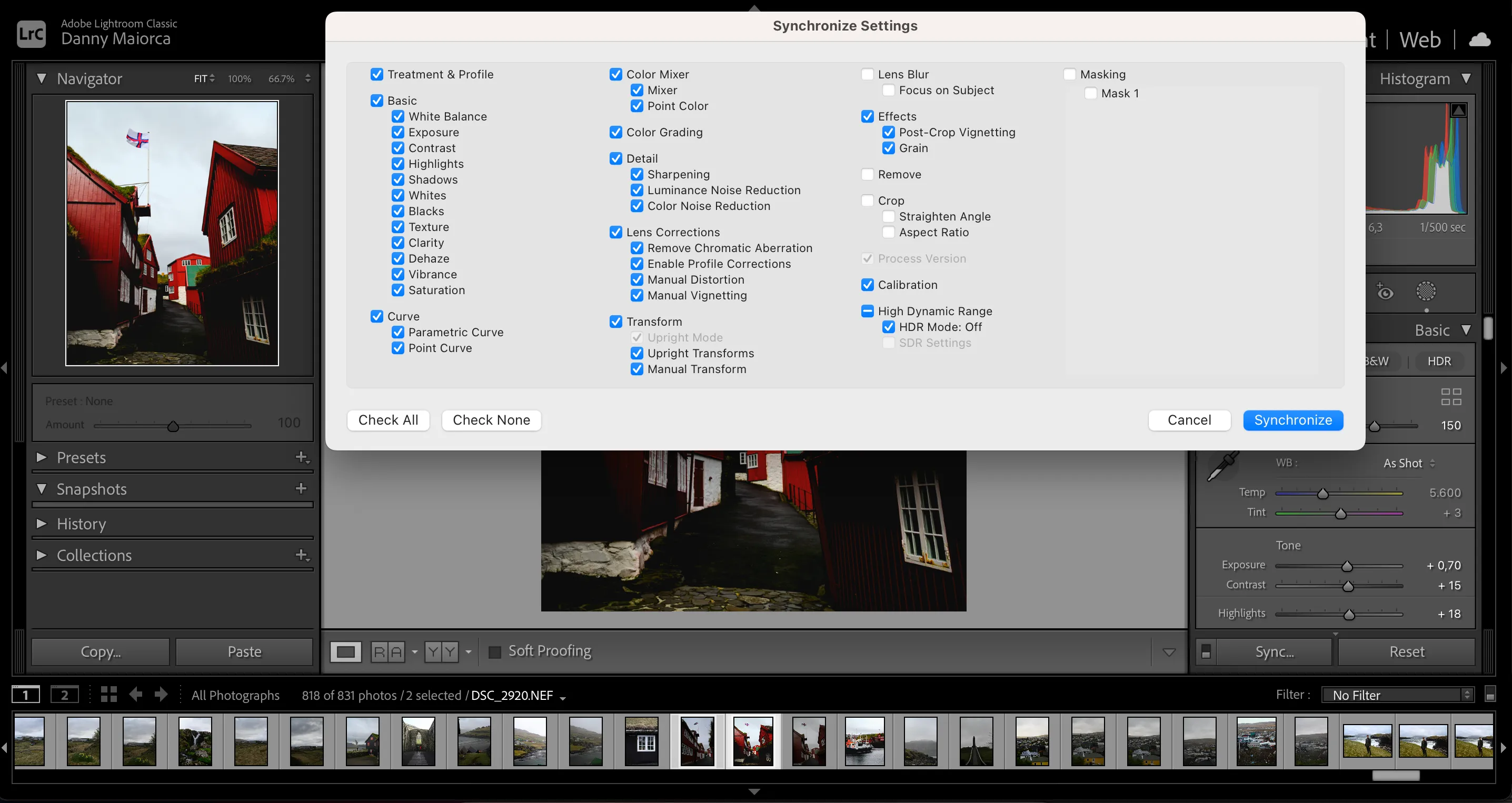 Chức năng đồng bộ cài đặt trong Adobe Lightroom hiển thị các tùy chọn để sao chép thông số chỉnh sửa giữa nhiều ảnh.