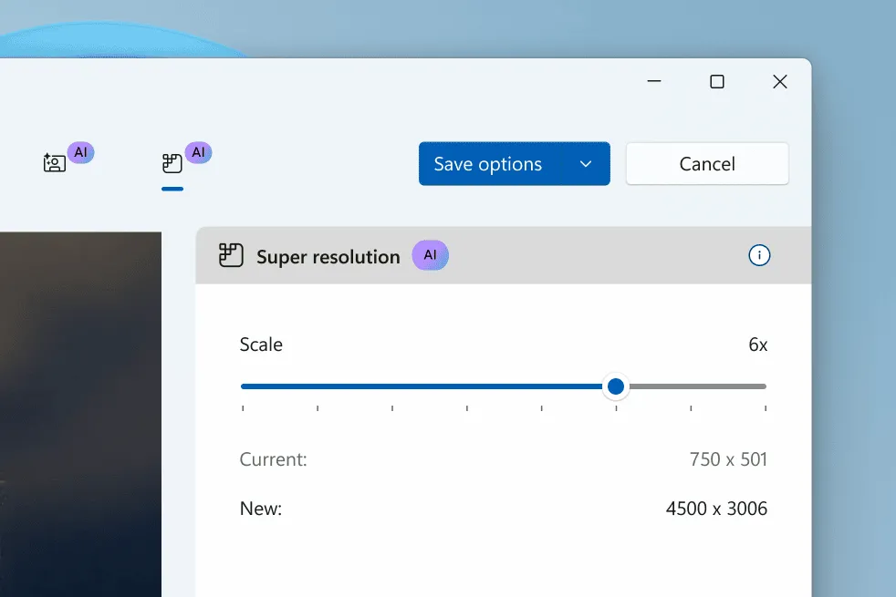 Chức năng Super Resolution giúp nâng cấp độ nét và kích thước ảnh trên ứng dụng Ảnh Windows 11.